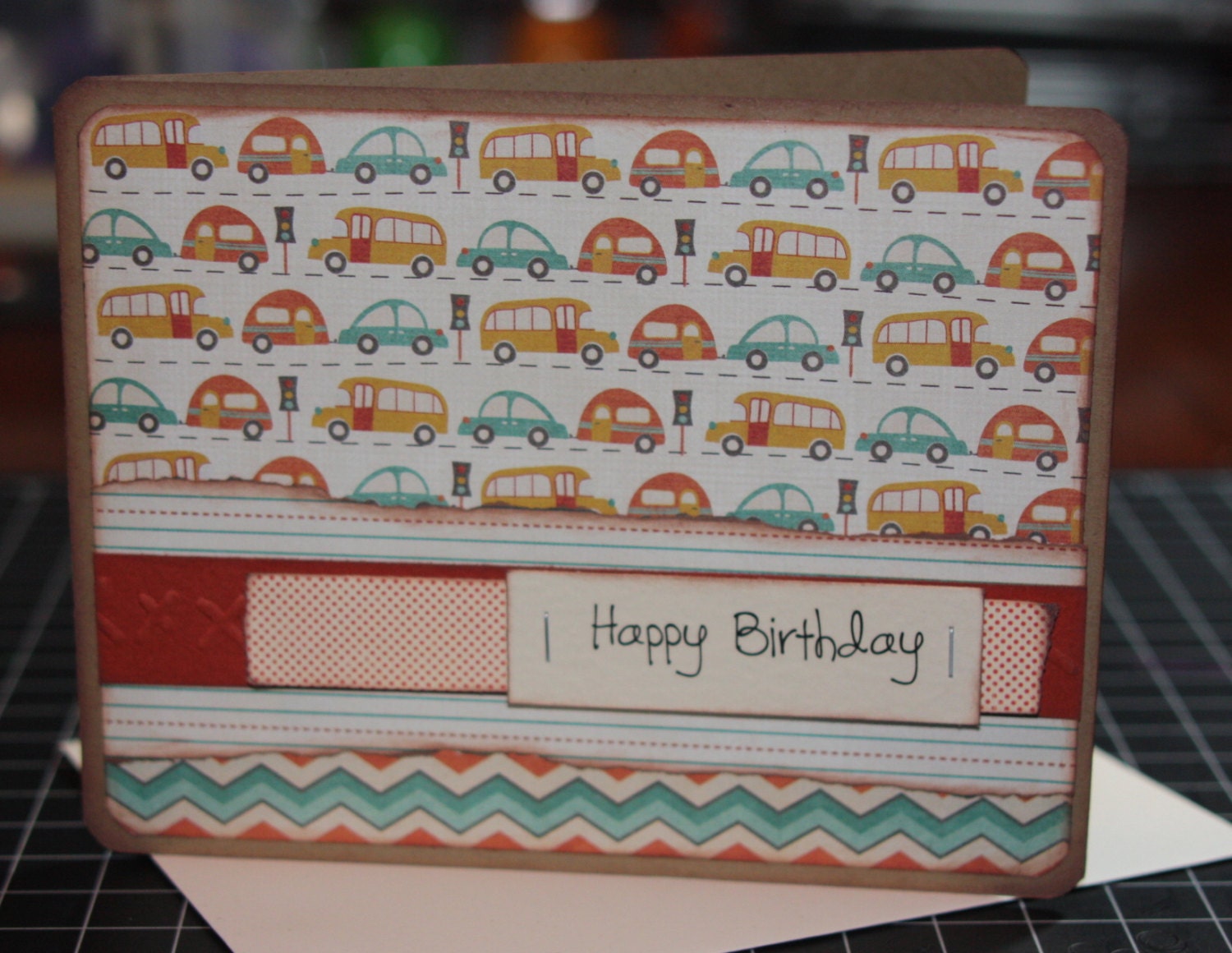 Handmade Happy Birthday Card Travel Car Bus Trailer Stop Light (No. 107)