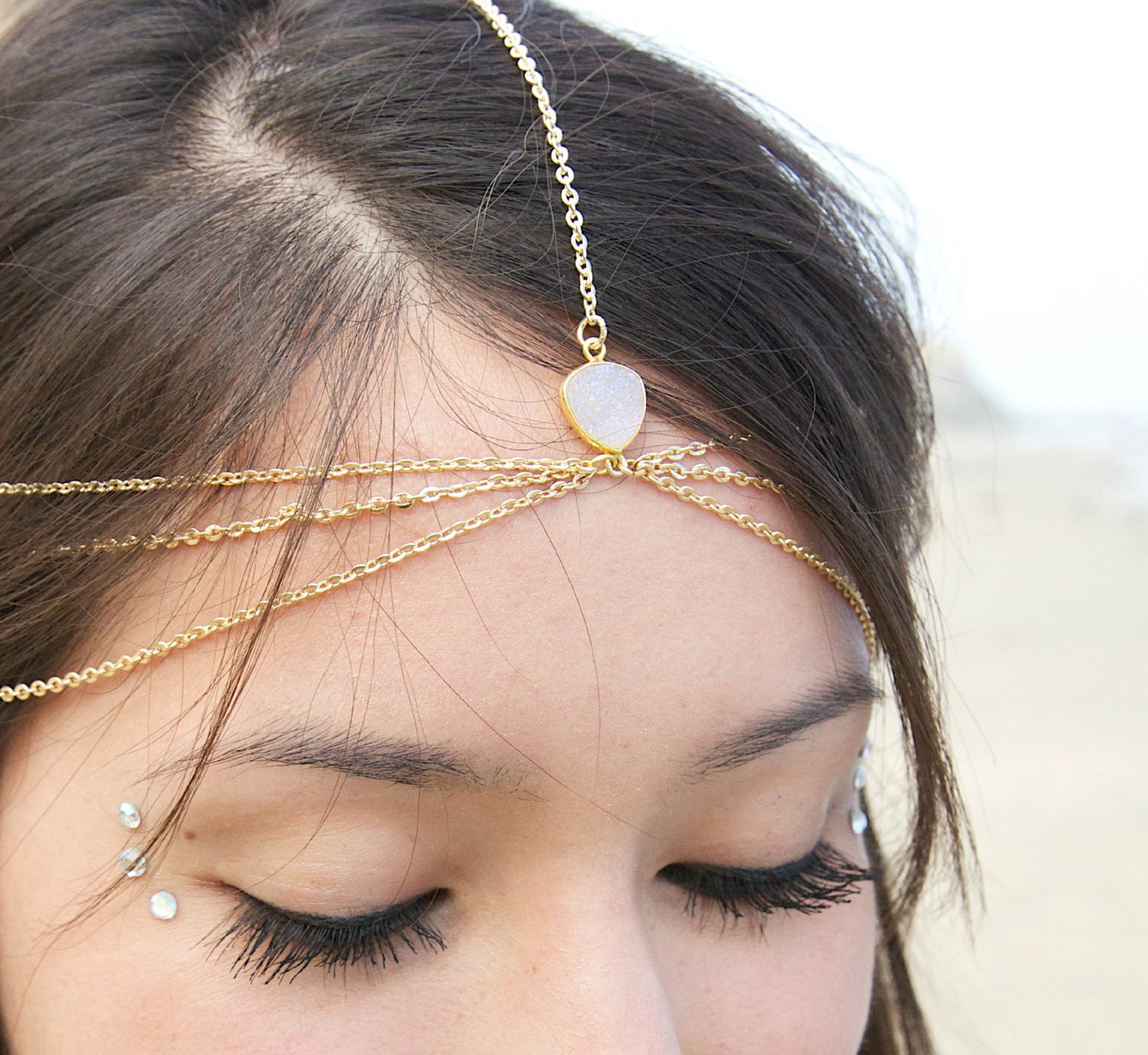 Drusy Druzy quartz gold vermeil wedding head chain. headpiece. headdress
