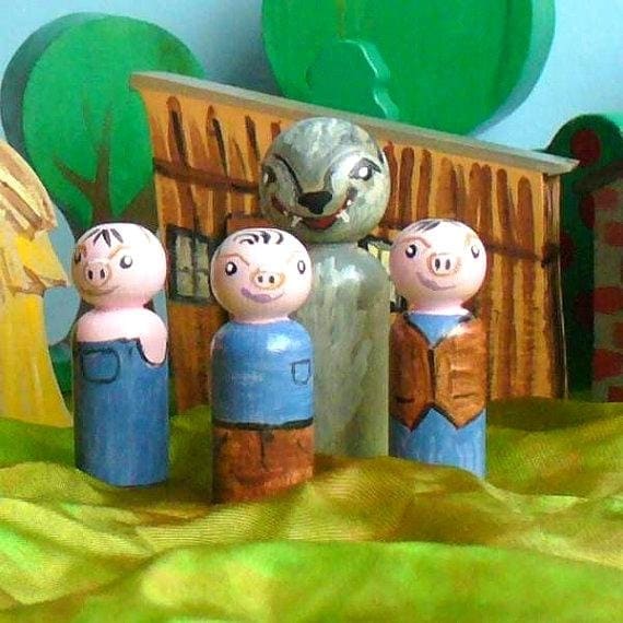 Handmade Wooden Toy - Wooden Peg Doll Fairytale Set,  Three Little Pigs Playset / Waldorf Toys
