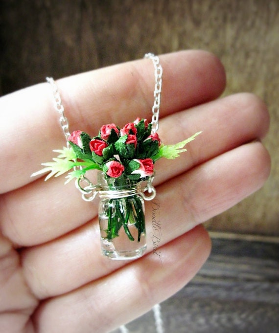 Red Rose Bouquet Necklace / Sterling Silver / Handmade Flower Pendant / Retro Pinup Rockabilly Accessories