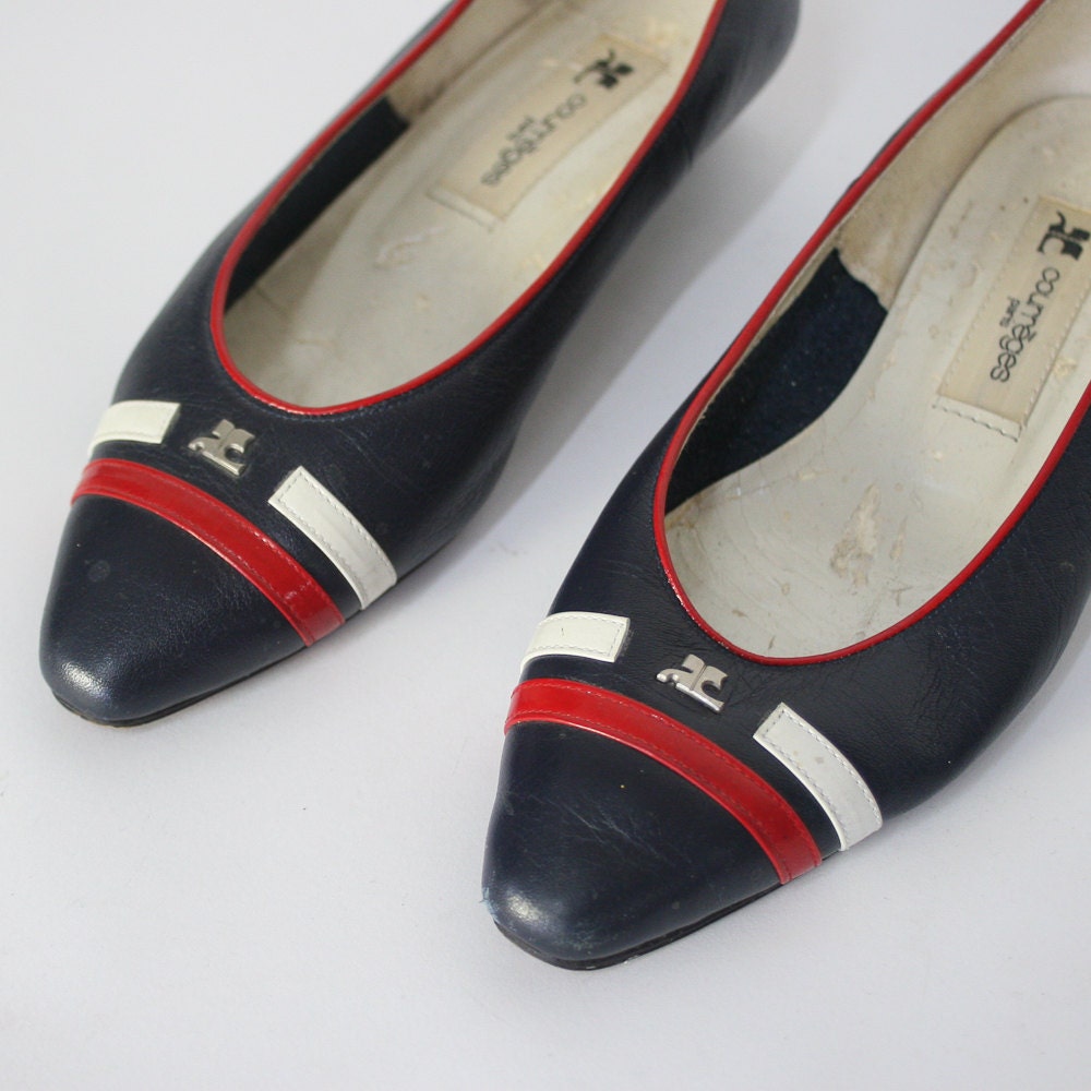 vintage Courreges leather flats / shoes / red white blue / americana