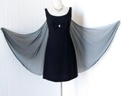 vintage 1960's dress ...zou bisou bisou CHIFFON CAPE black wiggle sheath mini pin-up cocktail dress with rhinestone embellishment