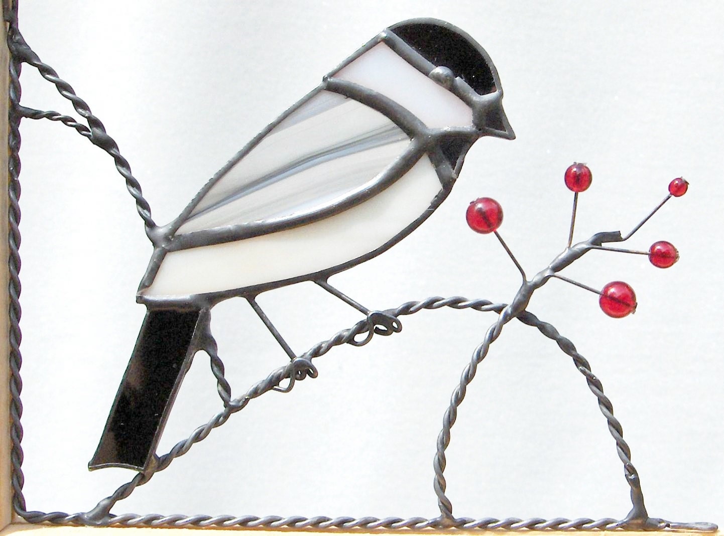 chickadee / stained glass window corner / bottom left / NEW garnet berries