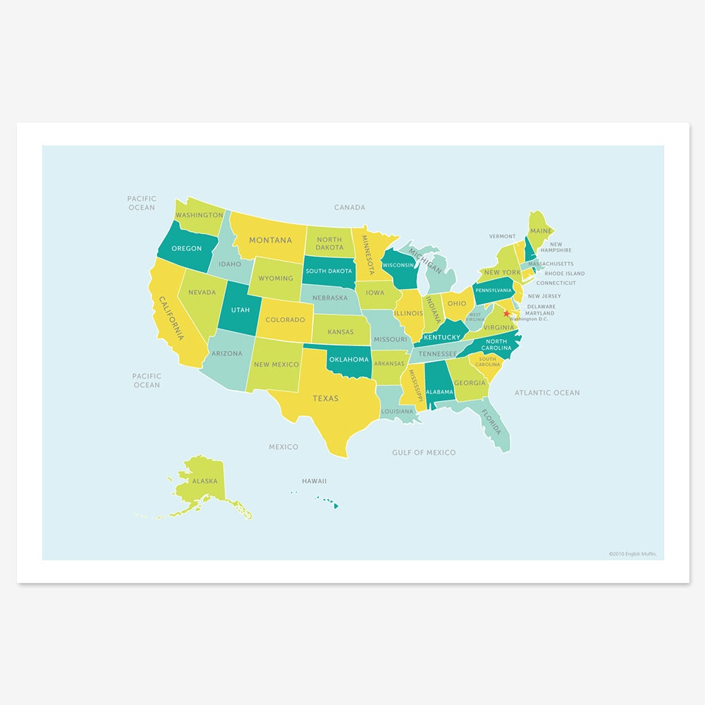 Map of the United States (blues and greens)