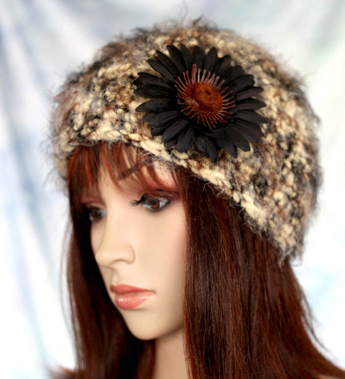 Hat - Cream, Brown and Black Super Fuzzy Soft Cloche with Coordinating Flower - Thick and Warm Super Soft Beanie Cloche Hat Beret Cap