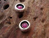 Tiny Sterling Silver Pod Stud Earrings Ruby Raspberry Cabochon Studs 3mm Textured Cup Gift for Her Jewelry  Mom women post oxidized spring