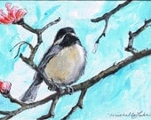 Chickadee with Pink Blossoms, 5 x 7  Open Edition Print of an original Painting by artist, Michelle Lake