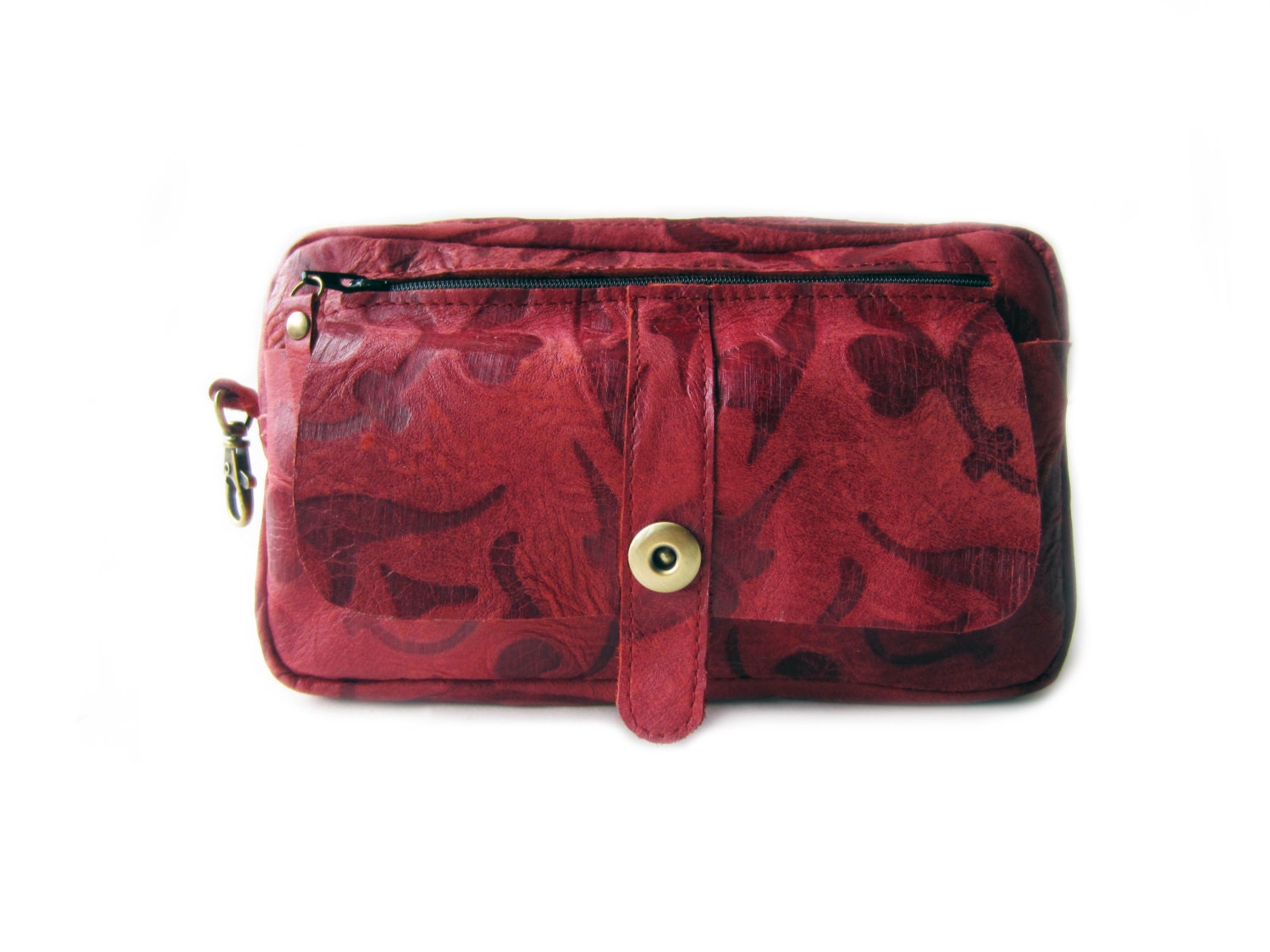 leather hip bag red leather flowers clutch