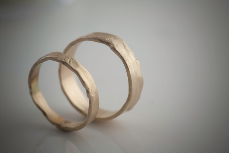 Melted Wedding Set Recycled Hand Forged 14k Yellow Gold Ring Bands Eco Friendly Metal