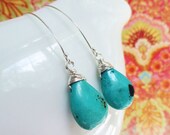 ON SALE Wire Wrapped natural turquoise earrings, turquoise jewelry, turquoise drop earrings, long turquoise earrings, teal blue, sterling s
