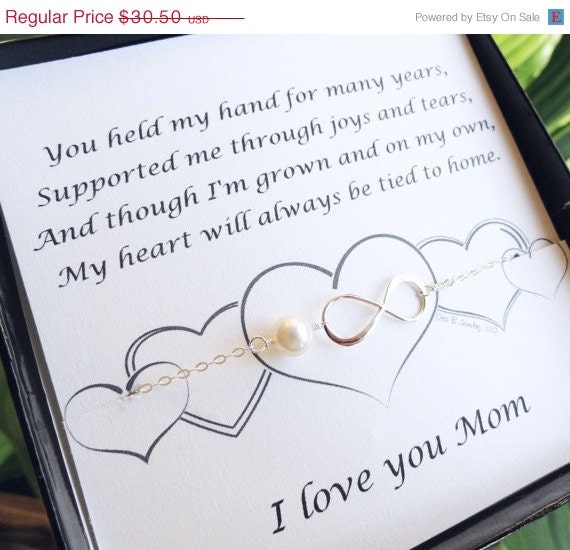ON SALE Mothers card with silver infinity bracelet, pearl bracelet, mother of the bride, mother of the groom, mothers day gift, gifts for m