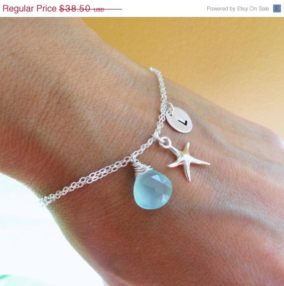 ON SALE Silver Starfish charm bracelet, Personalized bridesmaid gifts, destination wedding, aqua starfish bracelet with custom stone & init
