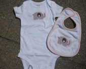 Elephant baby girl bib & onesie set in bright colors....pink green yellow brown