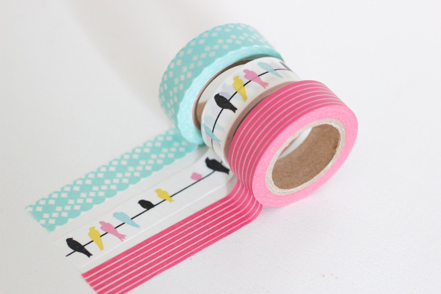 Put a Bird On It washi tape set of 3, pink, blue, and yellow washi tape Japanese masking tape craft supply