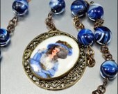 Cameo Portrait Art Deco Necklace Blue Glass Filigree Art Deco Jewelry Vintage 1930s