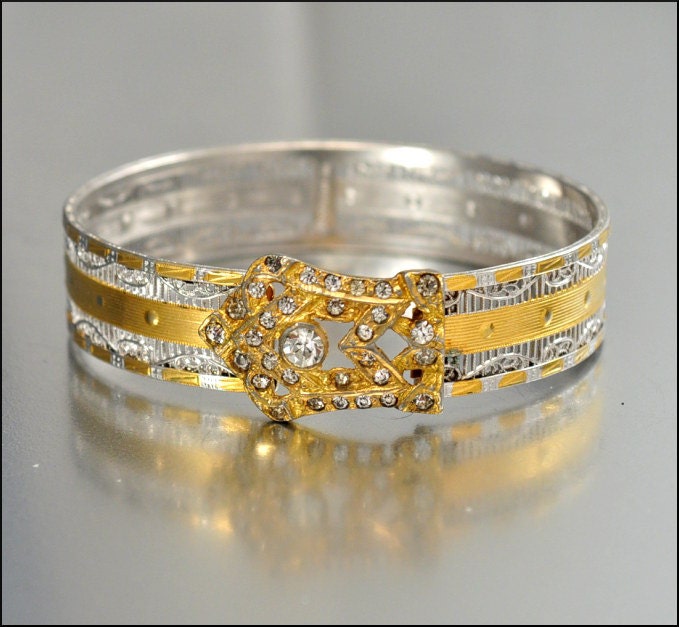 Silver Gold Art Deco Bracelet Rhinestone Bangle JJ White Art Deco Jewelry Vintage 1930s Wedding Jewelry