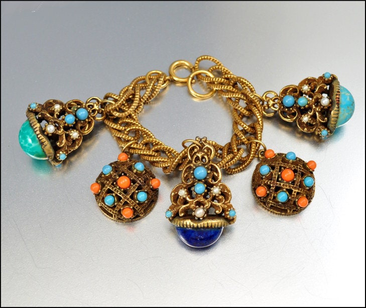 RESERVED Vintage Charm Bracelet Glass Germany Gold Fob Victorian Revival 1950s Statement Jewelry