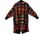 80s Knit Oversized Slouchy Aztec Ethnic Print Warm Winter Long Sweater Cardigan . One Size . GT . No.320.5.23.13