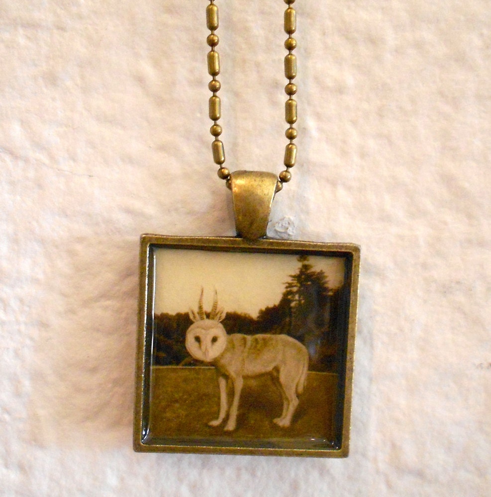 Art Pendant Necklace, WolfOwl Creature, Antique brass chain ,