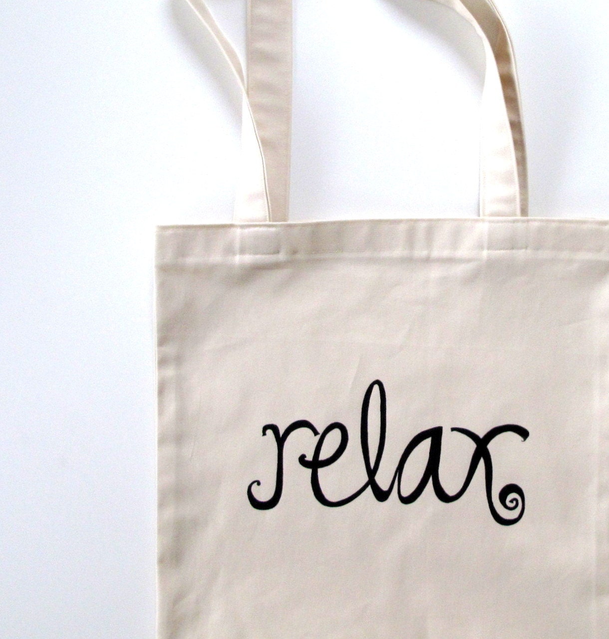 Tote Bag - Relax - in Black on Ivory Cream Cotton Canvas - SweetnatureDesigns