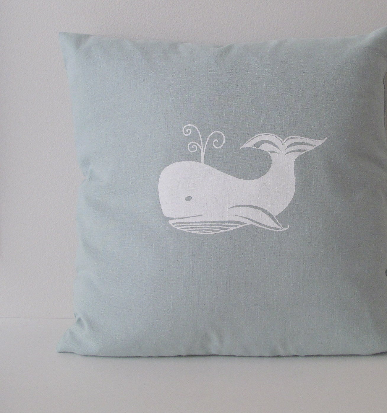Pillow Cover Cushion Cover White Whale on Aqua Linen  -18 x 18 inches