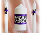 Zebra Wedding Candles, Purple and Zebra Print Wedding Unity Candle and Tapers Set