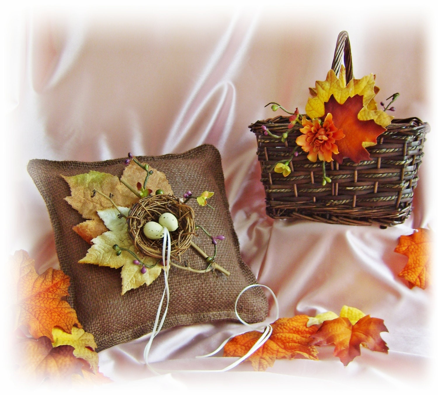 Burlap Rustic Weddings Pillow Basket - Rustic Ring Pillow - Rustic Flower Girl Basket - Chocolate Brown Burlap Rustic Weddings Decor