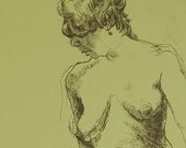 Female Nude Figure drawing on Green paper in pen and ink
