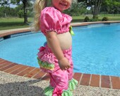 SET Peasant Crop Midriff Top & Ruffled Capri Sassy Pants Set in Hot Pink Dots and Gingham Check Ruffles