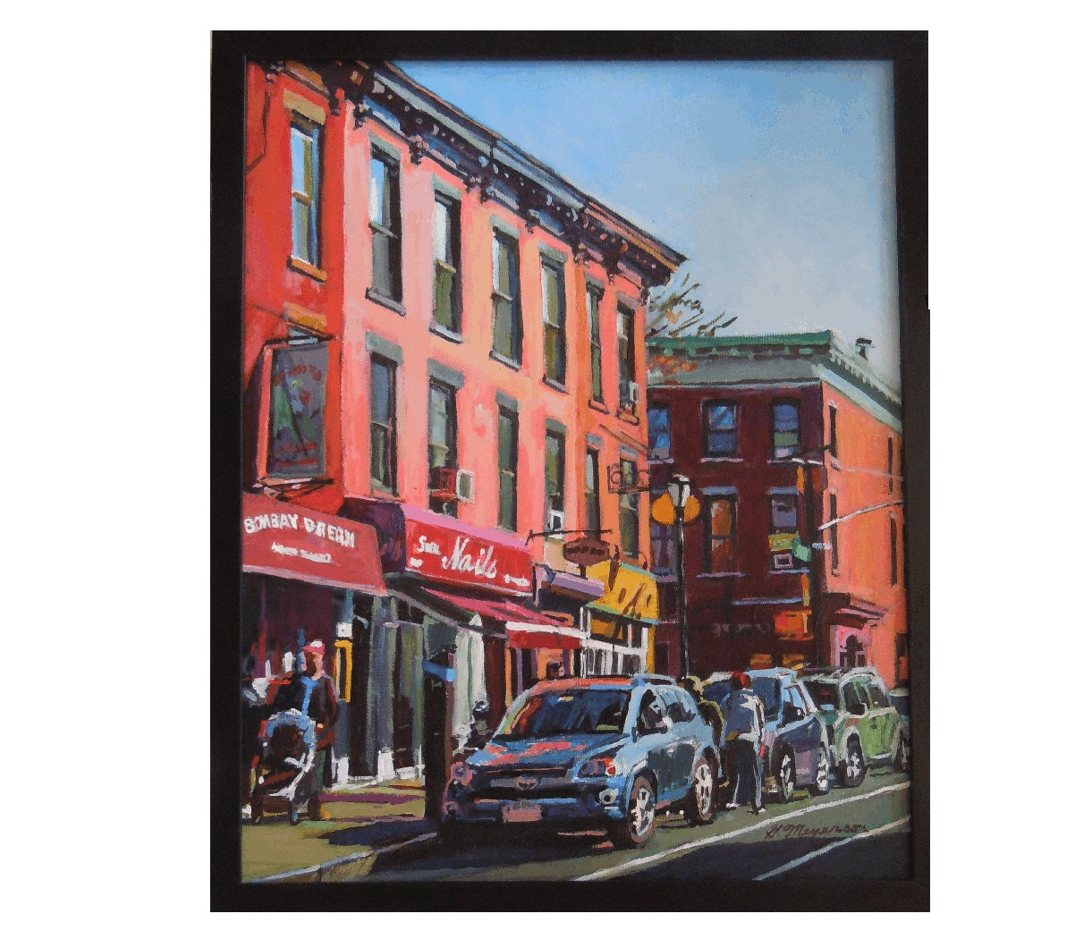 Framed Smith Street Afternoon Brooklyn Original  Cityscape Painting. Red peach  Carroll Gardens, NYC Colorful Urban Fine Art. Gwen Meyerson