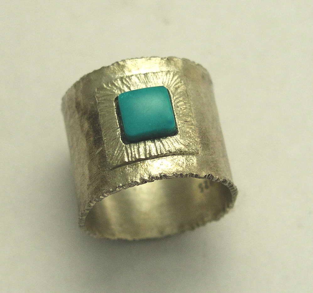Sterling silver, wide, brushed band with turquoise gemstone  - Our destiny.