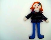 Fabric Doll Red Hair, Navy, Forest Green and Red