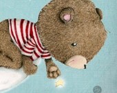 Art  Print, Bear, Brown, Red Stripes, Moon, Stars, Illustration, Sending My Very Best Wishes