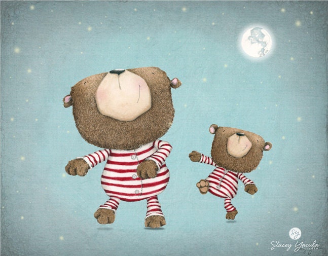 Illustration, Bear, Brown Bear, Red Stripes, Pajamas, Moon, Stars, Dance, Art Print, Dance by the Light of the Moon