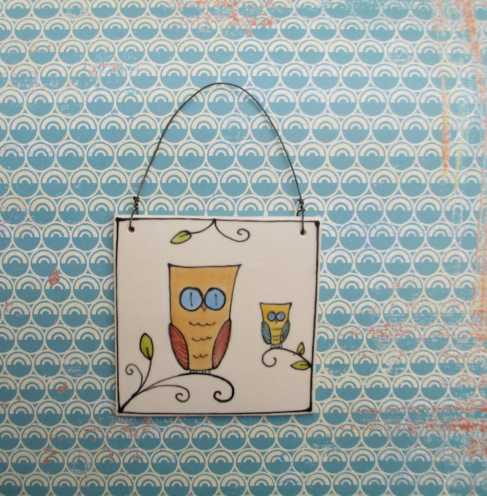 Owl tile, hanging owl plaque, garden art, nursery decor, graduation gift under 25