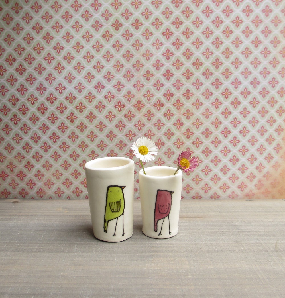 Bird vase, two mini bird bud vases, green and pink, gift for her, children gifts