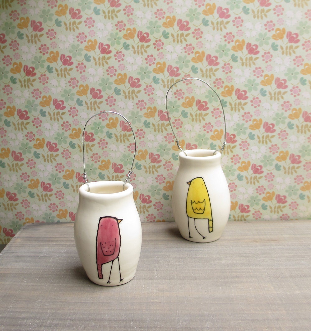 Bird vase, pink  bird vase, hanging wall flower vase, spring baby nursery decor