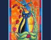 Black Cat and Dragonfly 4 x 6 mini print Floral Paisley Design whimsical folk art