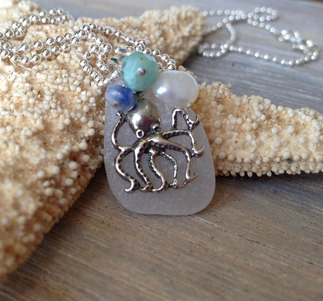 Sea Glass Necklace Frosted White Sea Glass with Octopus Charm and Stones