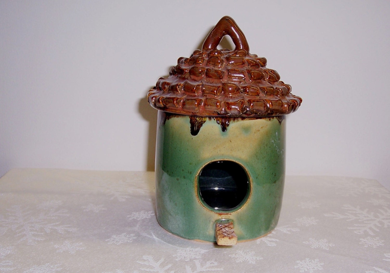 Ceramic Bird House with Thatched Roof Brown Green Wheel thrown and Sculpted Stoneware Ceramics   Pottery