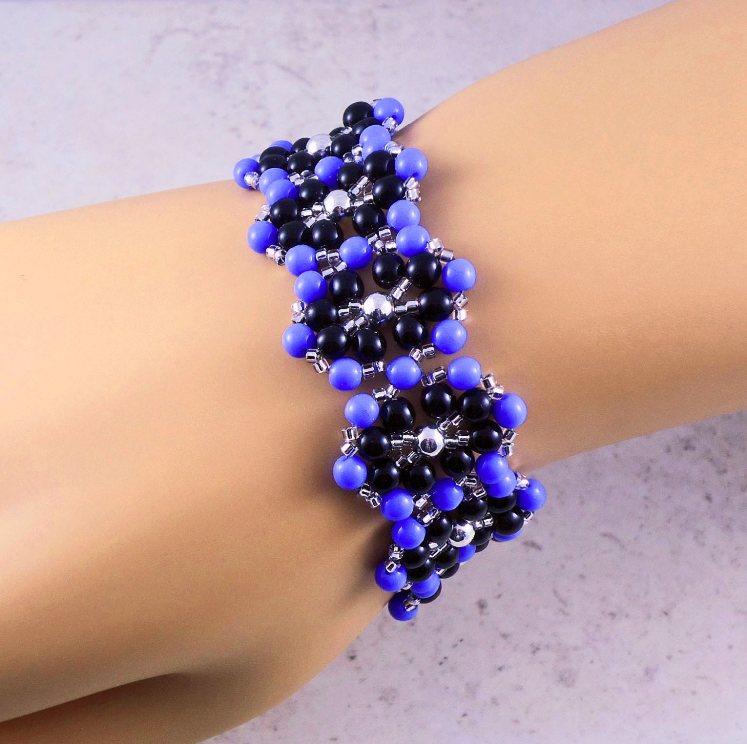 Periwinkle Black Magnetic Beadwork Cuff Bracelet