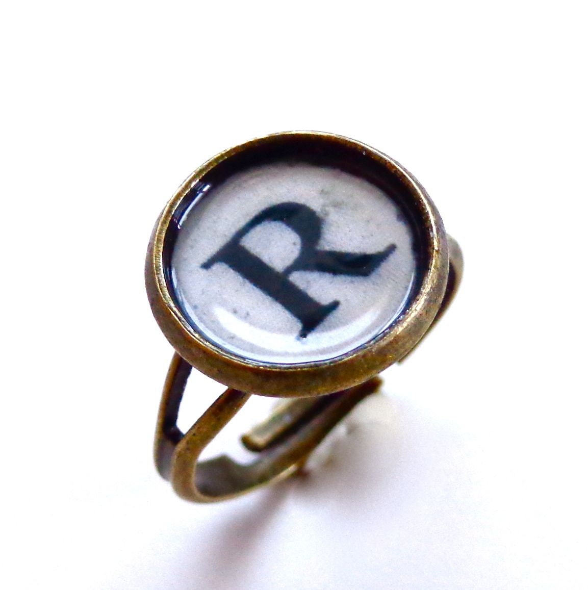 Typewriter Key Initial Letter Ring -  Antique Brass - Adjustable Typewriter Ring