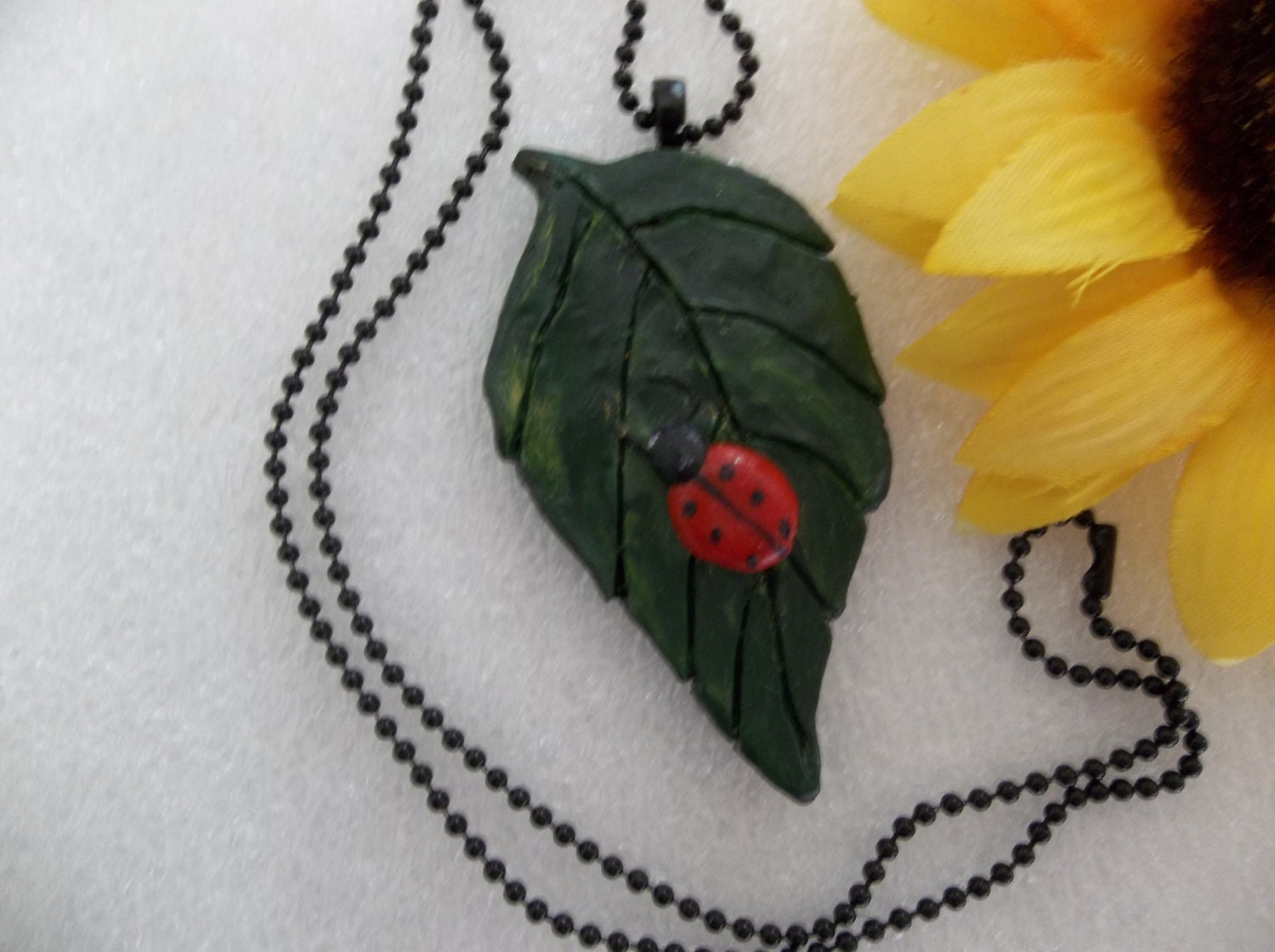 Ladybug Leaf Polymer Clay Pendant