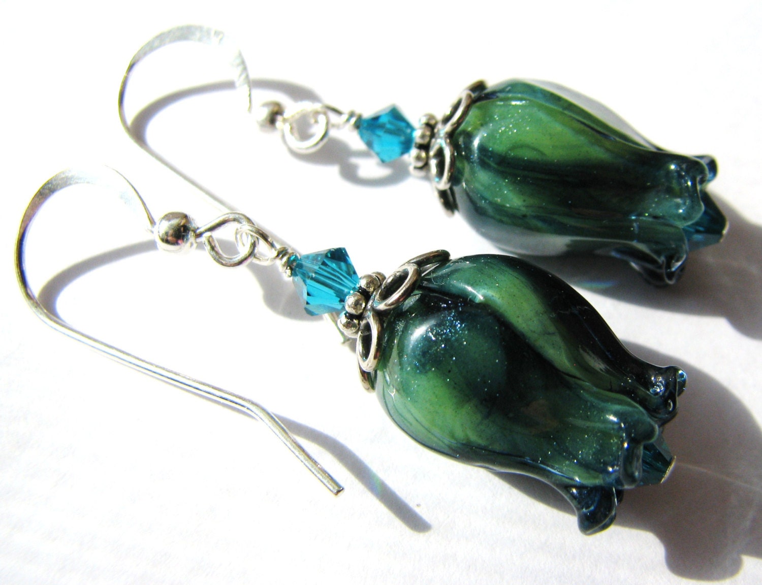 Mother's Day Earrings 2, Teal - SRA Artisan Lampwork Flower Buds, Swarovski Crystals, Sterling Silver, Sea Green-Blue