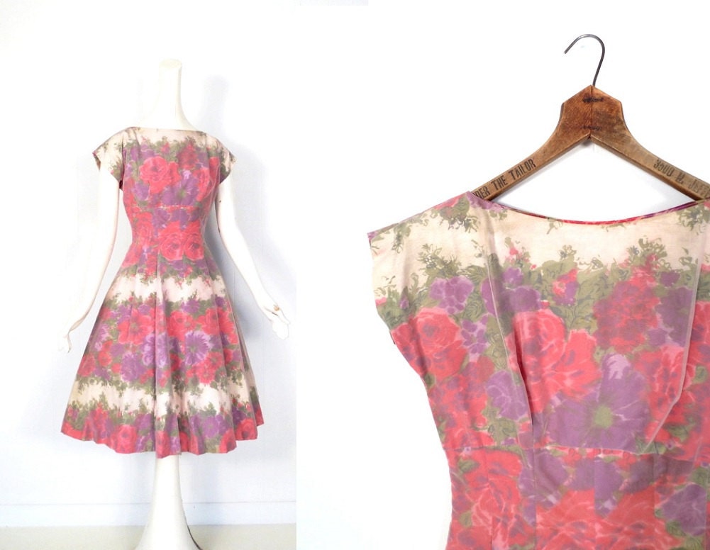 Vintage 50s Dress / 1950s Party Dress / Roses in the Mist / Rosette Dress / XS