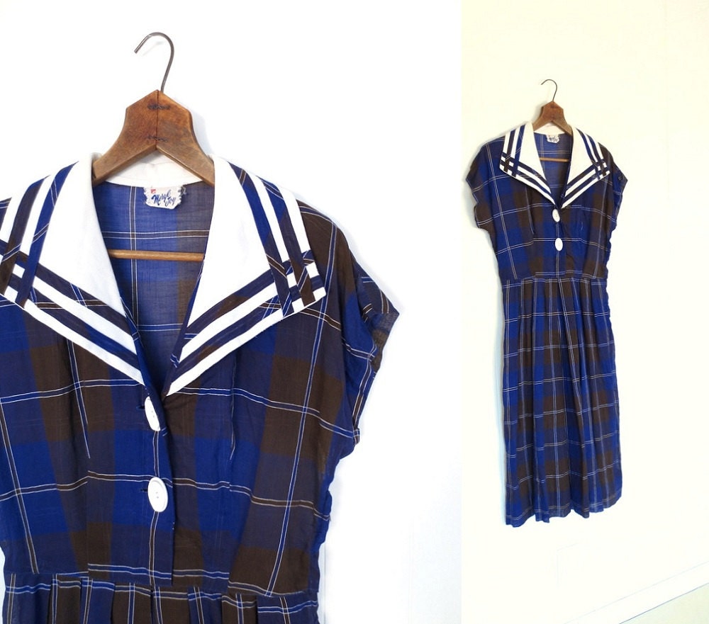 Vintage 40s Dress / Plaid Sailor Dress / 1940s Dress / Nautical Dress / Small S