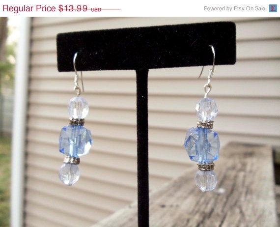 Summer Sale Blue Acrylic Vintage Beaded Dangle Earrings with silver findings