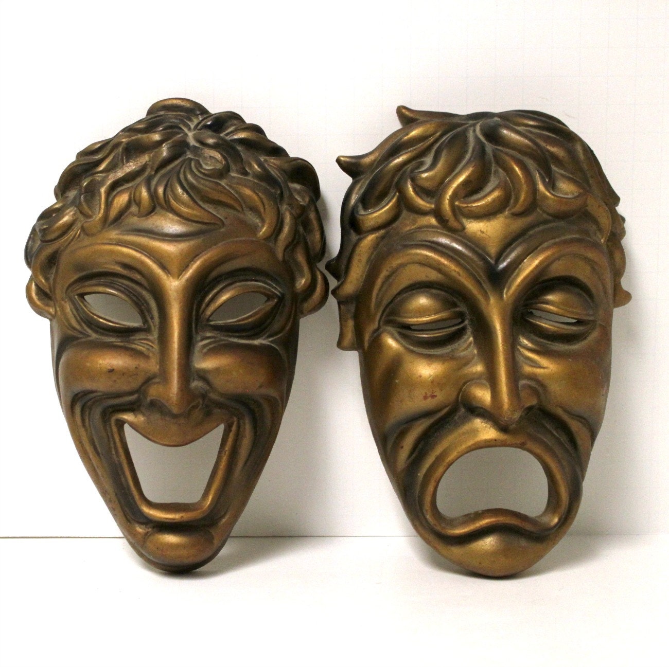 Vintage Comedy Tragedy Masks Faces Gold Hollywood Regency