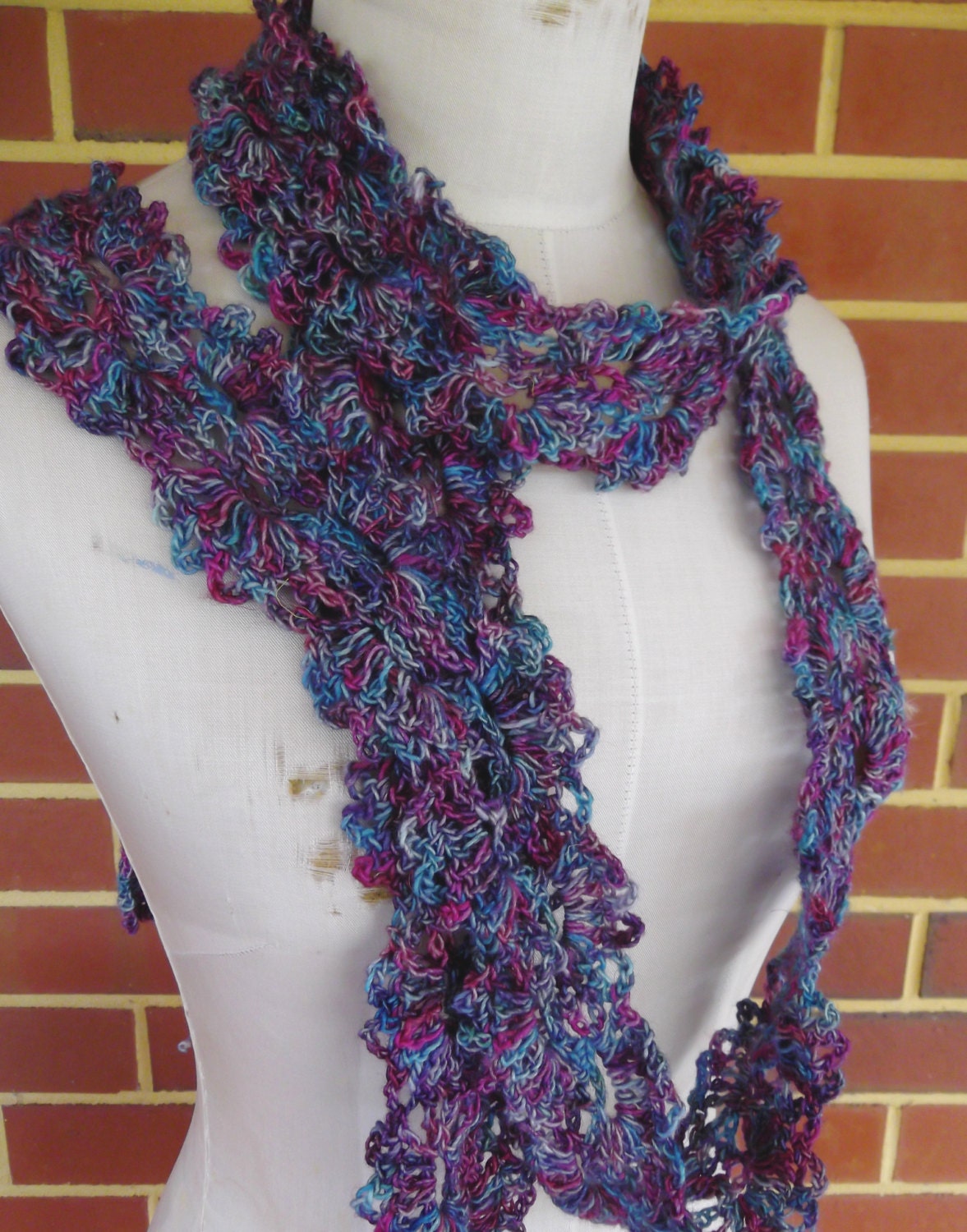 hand crocheted skinny scarf plum blue silk merino mix