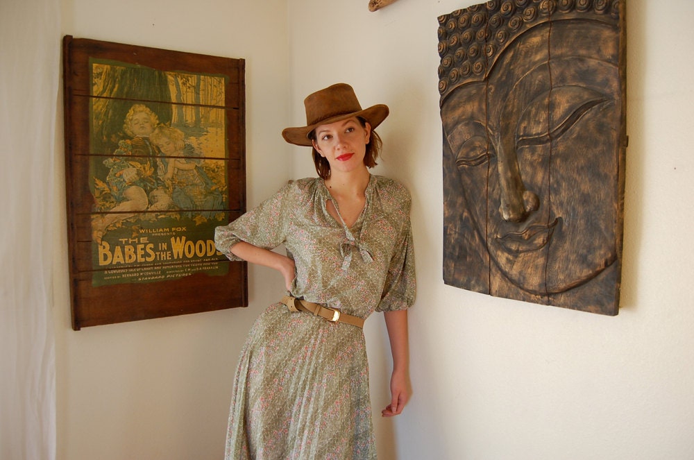 Sheer Floral Dress Vintage 70s Olive Daisy Floral Sheer Secretary Day Dress (xs s)